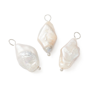 Natural Baroque Pearl Keshi Pearl Pendants, Rhombus Charms, with Brass Loops, Platinum, 23.5~24x10~12x5.5~7mm, Hole: 3mm