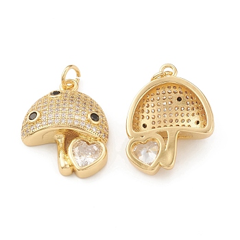 Eco-Friendly Brass Micro Pave Cubic Zirconia Pendants, with Jump Ring, Lead Free & Cadmium Free, Long-Lasting Plated, Mushroom with Heart Charm, Real 18K Gold Plated, 22x17x6mm, Hole: 3.5mm