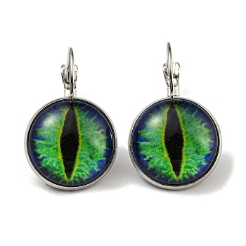 Dragon Eye Glass Leverback Earrings with Brass Earring Pins, Lime Green, 29mm