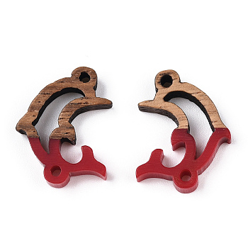 Opaque Resin & Walnut Wood Connector Charms, Dolphin Links, FireBrick, 14x18.5x3mm, Hole: 1.5mm