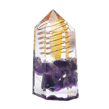 Tower Resin Hexagon Prism Energy Generators, Reiki Natural Amethyst Chips Inside for Home Office Desk Decoration, 50~55x20~25mm