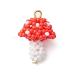 Seed Beads Beaded Charms, with Iron Loop, Mushroom Pendants, Red, 25x17mm, Hole: 2.5mm(PALLOY-MZ00339-05)