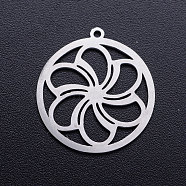 201 Stainless Steel Pendants, Ring with Flower, Stainless Steel Color, 21.5x20x1mm, Hole: 1.2mm(STAS-Q201-JN344-1)