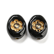 Plating Acrylic Beads, Golden Metal Enlaced, Oval with Flower, Black, 13.5x11x5.5mm, Hole: 1.8mm(OACR-A024-03B)