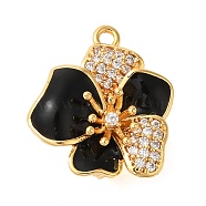 Brass Micro Pave Clear Cubic Zirconia with Black Enamel Fold Over Clasps, Flower, Real 18K Gold Plated, 16.5x14.5x9.5mm, Hole: 1.2mm(KK-G505-23G)