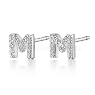 Rhodium Plated 925 Sterling Silver Initial Letter Stud Earrings, with Cubic Zirconia, Platinum, Letter M, 5x5mm(HI8885-13)