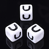 Acrylic Horizontal Hole Letter Beads, Cube, White, Letter U, Size: about 7mm wide, 7mm long, 7mm high, hole: 3.5mm, about 200pcs/50g(X-PL37C9129-U)