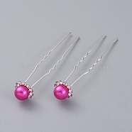 (Defective Closeout Sale), Lady's Hair Accessories, Silver Color Plated Iron Hair Forks, with ABS Plastic Imitation Pearl and Rhinestone, Flower, Magenta, 75.5mm(PHAR-XCP0004-08)