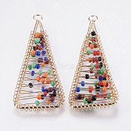 Iron Big Pendants, with Seed Beads, Triangle, Colorful, Light Gold, 60~61x25x5mm, Hole: 3.5mm(X-IFIN-E747-06KCG)