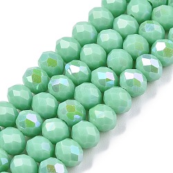 Electroplate Opaque Solid Color Glass Beads Strands, Half Rainbow Plated, Faceted, Rondelle, Turquoise, 6x5mm, Hole: 1mm, about 84~85pcs/strand, 41.5~42cm(EGLA-A044-P6mm-L14)