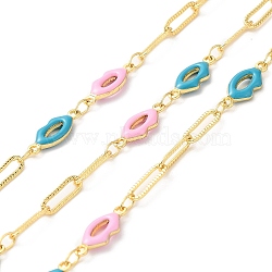 Handmade Enamel Lip Link Chains, Real 18K Gold Plated Brass Rectangle Link Chains, Soldered, with Spool, Cadmium Free & Lead Free, Pearl Pink, Rectangle: 9x3x0.5mm, Lip: 12.5x5x2mm(CHC-M024-05G-02)