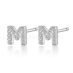 Anti-Tarnish Rhodium Plated 925 Sterling Silver Initial Letter Stud Earrings, with Cubic Zirconia, Platinum, Letter M, 5x5mm(HI8885-13)