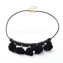 Cowhide Leather Cord Bib Necklaces, with Polymer Clay Heishi Beads, Acrylic Cloth Pendant, 304 Stainless Steel Twisted Extender Chains and Lobster Claw Clasps, Flower, Black, 18.1 inch(46cm)(NJEW-JN02590-05)