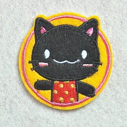 Computerized Embroidery Cloth Iron on/Sew on Patches, Costume Accessories, Appliques, Flat Round with Cat Shape, Black, 55mm(DIY-I013-12)