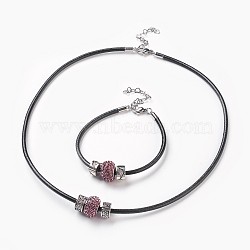 (Jewelry Parties Factory Sale), Cowhide Leather Cord Jewelry Sets, Necklaces & Bracelets, with Resin Rhinestone European Beads and Alloy European Style Clasps, Rondelle, Light Amethyst, 195x3mm, 18.11 inch~18.5  inch(46~47cm)(SJEW-JS00989-01)