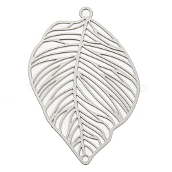 201 Stainless Steel Pendants, Etched Metal Embellishments, Leaf Charm, Stainless Steel Color, 37x24x0.2mm, Hole: 1.8mm(STAS-D023-06P)