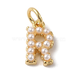 Rack Plating Brass with ABS Plastic Imitation Pearl Charms, Long-Lasting Plated, Lead Free & Cadmium Free, Real 18K Gold Plated, Letter R, 10.5x6.5x3mm, Hole: 3mm(KK-B092-30R-G)