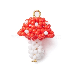 Seed Beads Beaded Charms, with Iron Loop, Mushroom Pendants, Red, 25x17mm, Hole: 2.5mm(PALLOY-MZ00339-05)