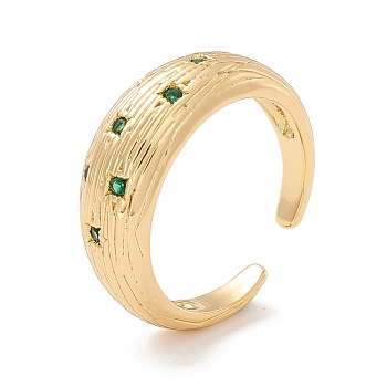 Cubic Zirconia Cuff Rings, Real 18K Gold Plated Brass Textured Dome Open Ring for Women, Cadmium Free & Lead Free, Green, US Size 6 1/2(16.9mm)