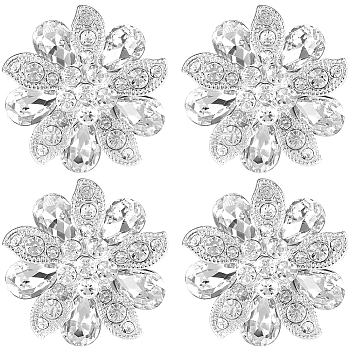 4Pcs 1-Hole Alloy Rhinestone Shank Buttons, Garment Accessories, Flower, Crystal, 30x29.5x11.5mm, Hole: 2.5mm