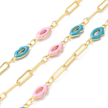 Handmade Enamel Lip Link Chains, Real 18K Gold Plated Brass Rectangle Link Chains, Soldered, with Spool, Cadmium Free & Lead Free, Pearl Pink, Rectangle: 9x3x0.5mm, Lip: 12.5x5x2mm
