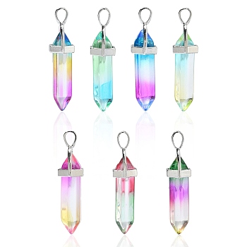 14Pcs 7 Colors Faceted Bullet Glass Pointed Pendants, with Platinum Plated Alloy Findings, Mixed Color, 41x13.5mm, Hole: 3.5mm, 2pcs/color