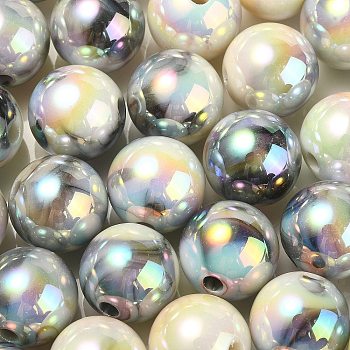 UV Plating Rainbow Iridescent Acrylic Beads, Round, Light Grey, 13.5x13mm, Hole: 3mm