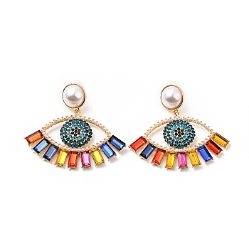 Rhinestone Evil Eye Dangle Stud Earrings with Acrylic Pearl Beaded, Light Gold Plated Alloy Long Drop Earrings for Women, Colorful, 56.5mm, Pin: 0.7mm
