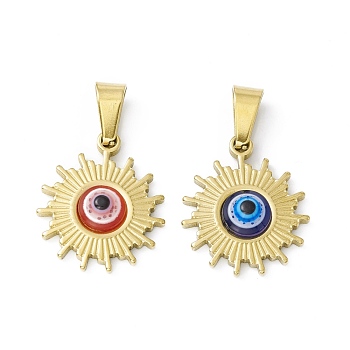 Vacuum Plating 304 Stainless Steel Resin Pendants, Golden, Sun Charms with Evil Eye, Mixed Color, 19x16x4mm, Hole: 6.5x3mm