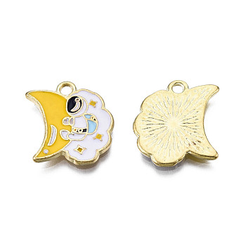 Alloy Enamel Pendants, Cadmium Free & Lead Free, Light Gold, Spaceman with Moon Charms, Gold, 17x15.5x1.5mm, Hole: 1.8mm