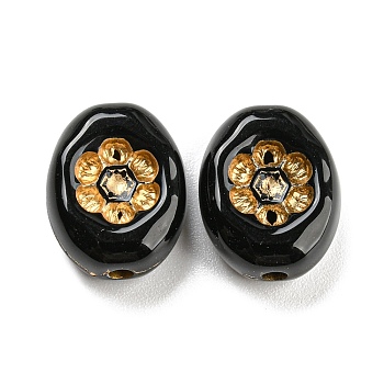 Plating Acrylic Beads, Golden Metal Enlaced, Oval with Flower, Black, 13.5x11x5.5mm, Hole: 1.8mm