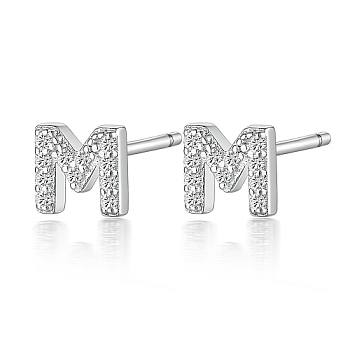 Rhodium Plated 925 Sterling Silver Initial Letter Stud Earrings, with Cubic Zirconia, Platinum, Letter M, 5x5mm