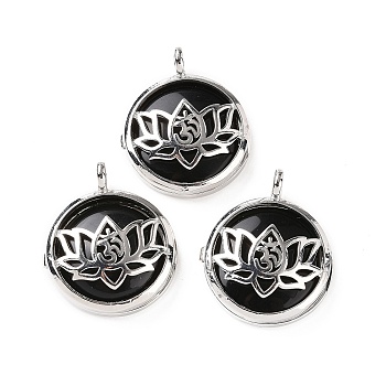 Natural Obsidian Locket Pendants, Flat Round Charms, with Platinum Plated Brass Lotus Findings, 31.5x27x9mm, Hole: 4.6mm