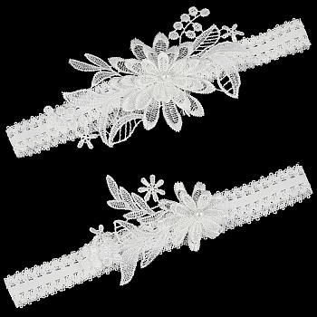 3D Flower Polyester Lace Elastic Bridal Garters, with Plastic Imitation Pearl, Wedding Garment Accessories, White, 205~210x75~90mm, 2pcs/set