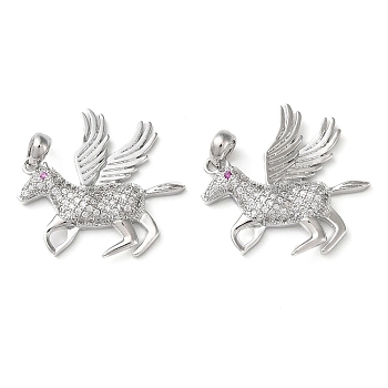 Brass Micro Pave Cubic Zirconia Pendants, Horse Charms, Real Platinum Plated, 24x25x3.5mm, Hole: 3x4mm