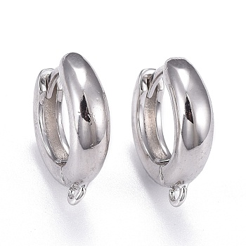 Brass Hoop Earrings, Huggie Hoop Earring Finding, Long-Lasting Plated, with Horizontal Loop, Ring, Real Platinum Plated, 16x15x2~4mm, Hole: 1.2mm, Pin: 1mm