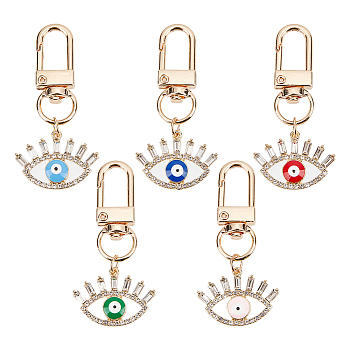 5Pcs 5 Colors Evil Eye Alloy Enamel Pendant Decorations, with Crystal Rhinestone & Light Gold Tone Iron Swivel Clasp, Mixed Color, 55mm, 1pc/color
