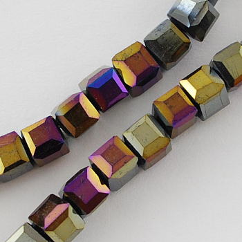 Electroplate Glass Beads Strands, AB Color Plated, Faceted, Cube, Black, 6x6x6mm, Hole: 1mm, about 100pcs/strand, 22 inch