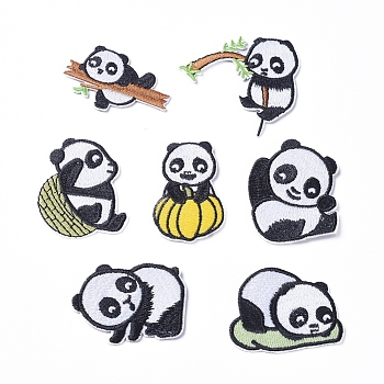 Cute Panda Computerized Embroidery Cloth Iron on/Sew on Patches, Appliques Costume Accessories, for Backpacks, Clothes, 35~51x33~58mm, 7pcs/set