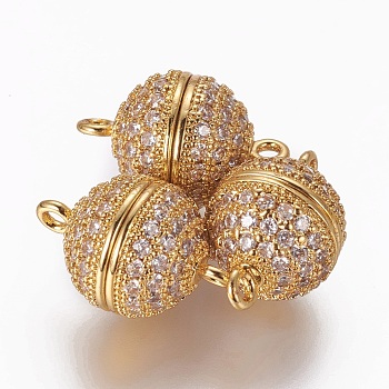 Brass Micro Pave Cubic Zirconia Magnetic Clasps with Loops, Round, Clear, Golden, 15~15.5x10mm, Hole: 1.4mm
