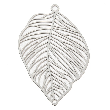 201 Stainless Steel Pendants, Etched Metal Embellishments, Leaf Charm, Stainless Steel Color, 37x24x0.2mm, Hole: 1.8mm