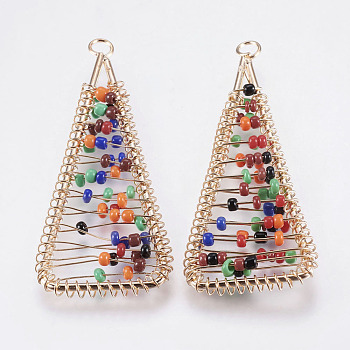 Iron Big Pendants, with Seed Beads, Triangle, Colorful, Light Gold, 60~61x25x5mm, Hole: 3.5mm