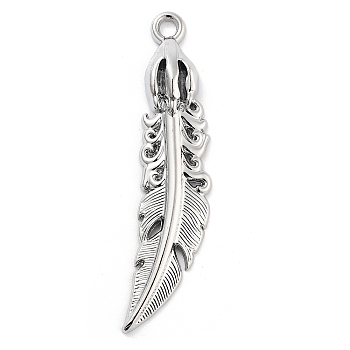 Tibetan Style Alloy Pendants, Feather, 60x15.5x6.5mm, Hole: 3mm