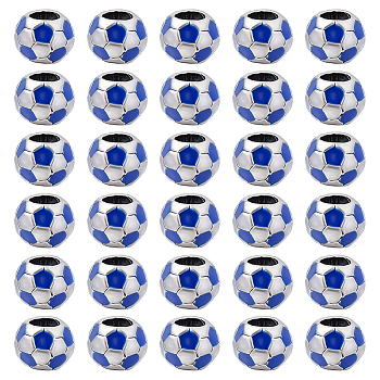 30Pcs Large Hole FootBall/Soccer Ball Alloy Enamel European Beads, Sports Beads, Antique Silver, Blue, 9x8mm, Hole: 4.2mm