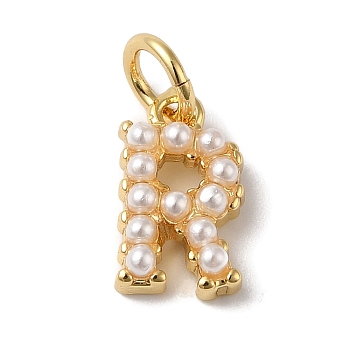 Rack Plating Brass with ABS Plastic Imitation Pearl Charms, Long-Lasting Plated, Lead Free & Cadmium Free, Real 18K Gold Plated, Letter R, 10.5x6.5x3mm, Hole: 3mm