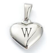 304 Stainless Steel Pendants, Heart with Black Letter, Stainless Steel Color, Letter.W, 16x16x4.5mm, Hole: 7x3mm(STAS-P278-01W-P)