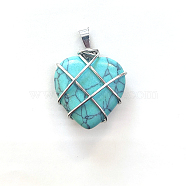 Synthetic Turquoise Copper Wire Wrapped Pendants, Heart Charms, Silver Color, 20mm(FIND-PW0015-21L)