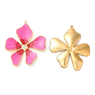 304 Stainless Steel Enamel Pendants, with Rhinestones, Real 18K Gold Plated, Flower Charm, Hot Pink, 37.5x33x3mm, Hole: 1.4mm(X-STAS-K256-15G-01)