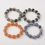 Natural Gemstone Round Bead Stretch Bracelets, with Antique Silver Plated Alloy Bead Caps, Mixed Stone, 42mm(BJEW-JB01506)