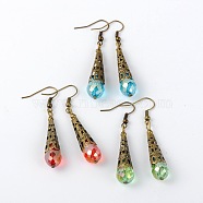 Brass Glass Teardrop Beads Dangle Earrings, with Iron Beads and Brass Earring Hooks, Antique Bronze, Mixed Color, 56mm, Pin: 0.7mm(EJEW-JE01362)